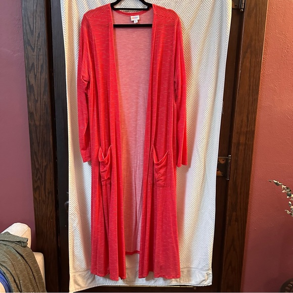 LulaRoe Sarah Long Duster Knit Cardigan Sweater Midi Top Pinstriped Red White - Picture 1 of 10